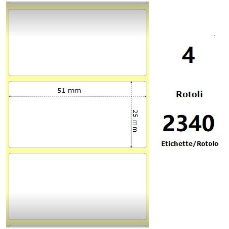 White 51x25mm,2340 Et/Rotolo Z-4000D, 2x1x1 Core, 4 Rolls