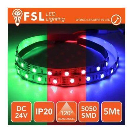 Striscia LED 5050 - 5Metri 12W 1100Lm RGB 24V IP20 60led