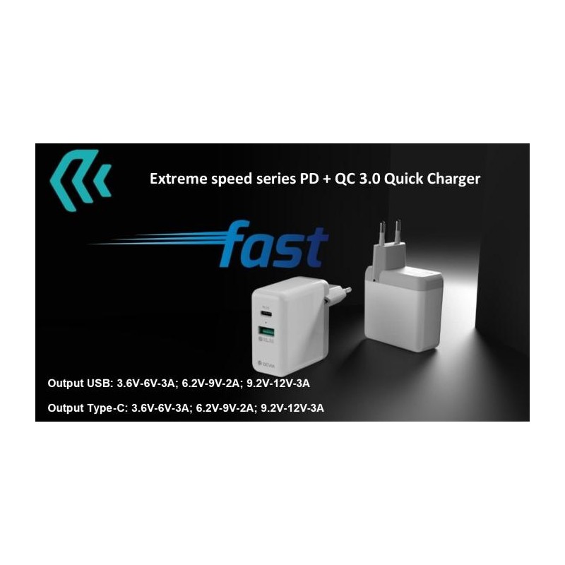 Caricatore rapido 2 Uscite USB+Tipo-C QC3 + PD 36W Bianco